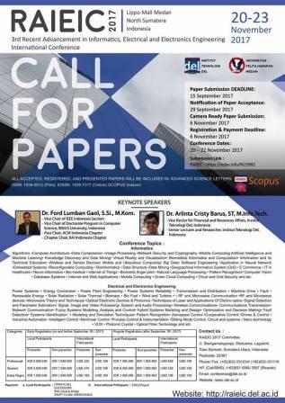 Call For Paper for The 3rd RAIEIC 2017 (Scopus Indexed), 20-22 November 2017, Medan, Indonesia